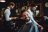 hairdresser with male customer looks happy at salon	
