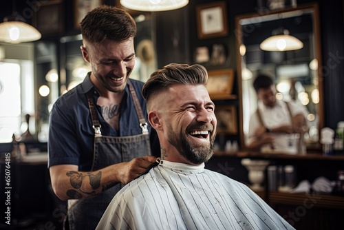 hairdresser with male customer looks happy at salon   © Astock Media