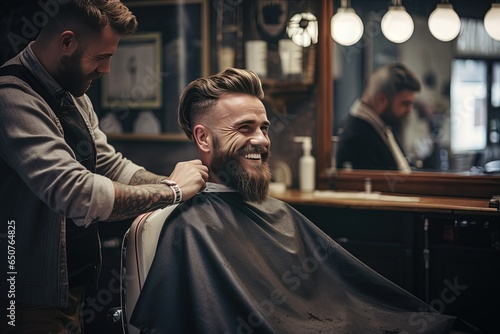 hairdresser with male customer looks happy at salon	
 photo
