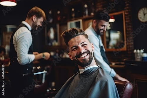 hairdresser with male customer looks happy at salon 