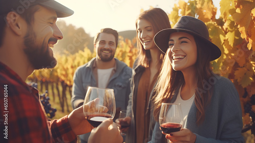 Friends toasting wine in a vineyard at daytime outdoors. Happy friends having fun outdoor. Young people enjoying harvest time together outside at farm house vineyard countryside. Autumn season.