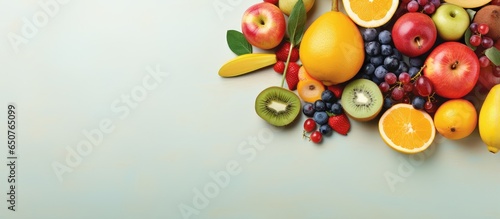 Assorted fruits arranged alone isolated pastel background Copy space