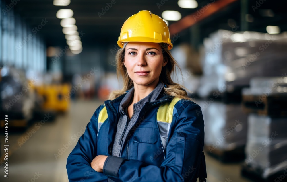 Portrait of a woman in a work uniform and hard hat on a warehouse background Portrait of a woman in a work uniform and hard hat on a warehouse background
