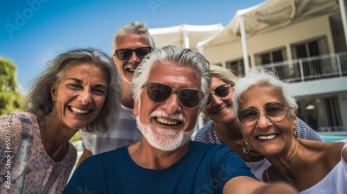 Senior friends by hotel pool. Active holiday fun, fitness and longevity © ReneLa/Peopleimages - AI