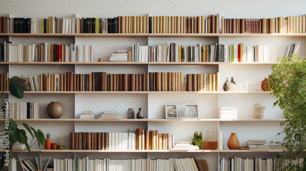 Bookshelves: Along the adjacent wall, there are white bookshelves with open shelving displaying an array of books, plants, and decorative objects - obrazy, fototapety, plakaty 