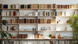 Bookshelves: Along the adjacent wall, there are white bookshelves with open shelving displaying an array of books, plants, and decorative objects
