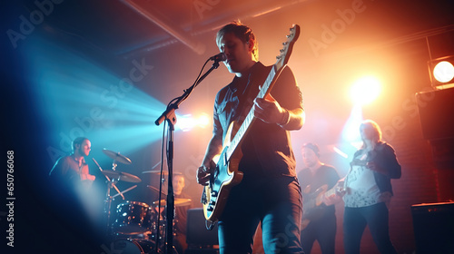 Music band group perform on a concert stage. Guitarist on stage for background, soft and blur concept. Music band performing in a recording studio.