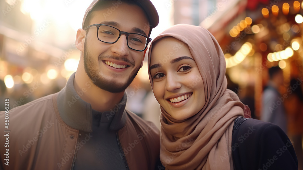 Muslim Couple, Very attractive Muslim Asian young woman with hijab looking at the camera posing at an Arab city market.