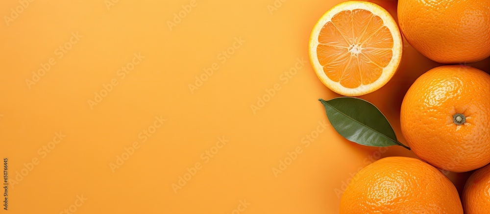 Zoomed in orange citrus isolated pastel background Copy space - obrazy, fototapety, plakaty 