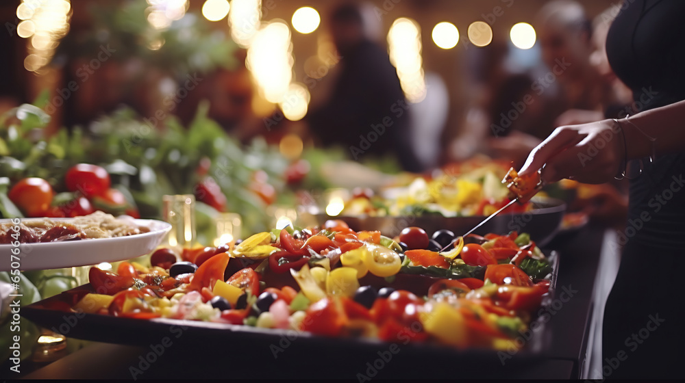 People group catering buffet food indoor in restaurant with meat colorful fruits and vegetables. People group catering buffet food indoor in restaurant with meat colorful fruits and vegetables.