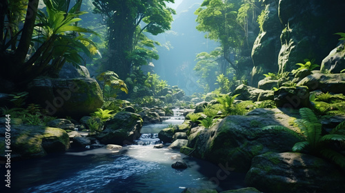 A rocky river in the middle of a forest. Aerial view of river reflecting sky, amid lush green landscape, aerial view. Top view of a mountain river in the forest.
