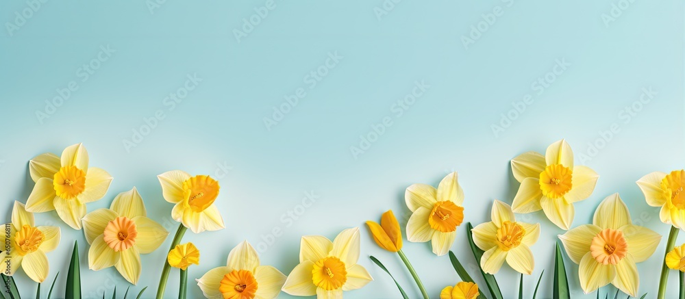 Middle focus isolated pastel background Copy space Narcissus flowers bed in perfect condition