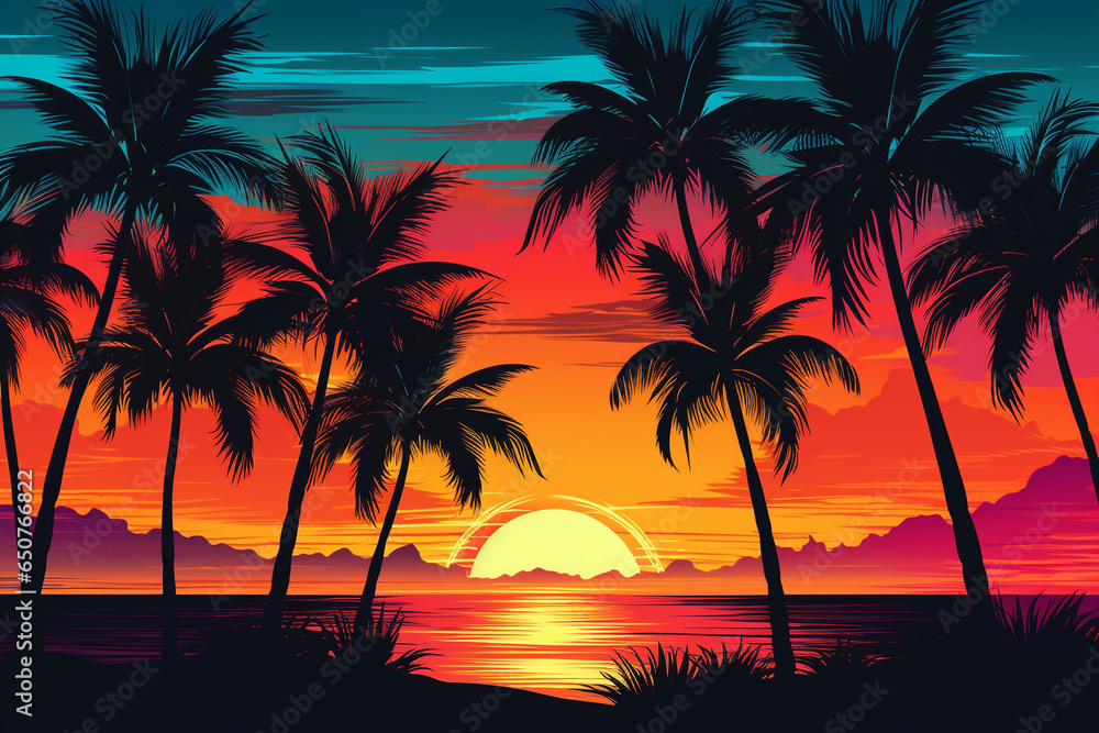 Retro Neon Palm Trees Lining a Vibrant Sunset on a Tropical Beach, Neon