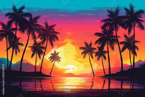 Retro Neon Palm Trees Lining a Vibrant Sunset on a Tropical Beach, Neon © Yaroslav Stepannikov