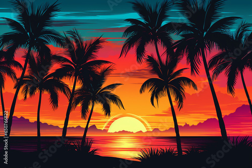 Retro Neon Palm Trees Lining a Vibrant Sunset on a Tropical Beach, Neon