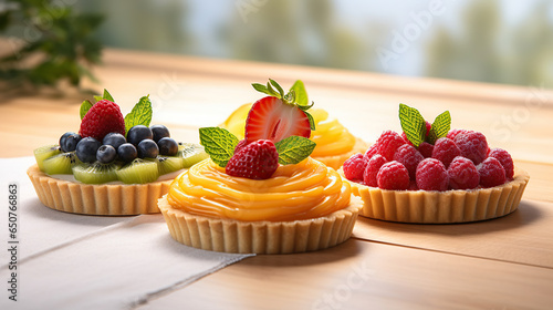 perspective of Set of Fresh fruit tart, Isolated on white background.