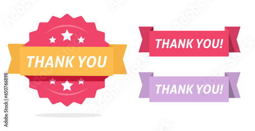 Thank you vector icon ribbon sticker card text note stamp seal graphic illustration, gratitude tag badge red yellow purple design image clipart