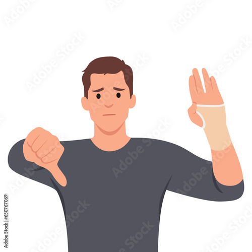Young man with a bandage on his bent arm giving thumb down. Flat vector illustration isolated on white background
