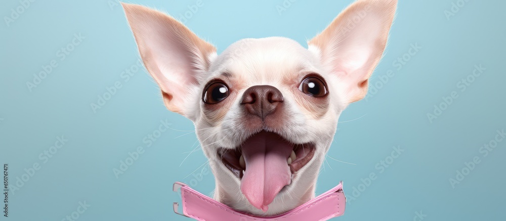 White tongue Chihuahua isolated pastel background Copy space