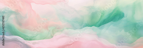 Abstract watercolor paint background illustration web design - Soft pink-green pastel color waves, with liquid fluid marbled paper texture banner texture