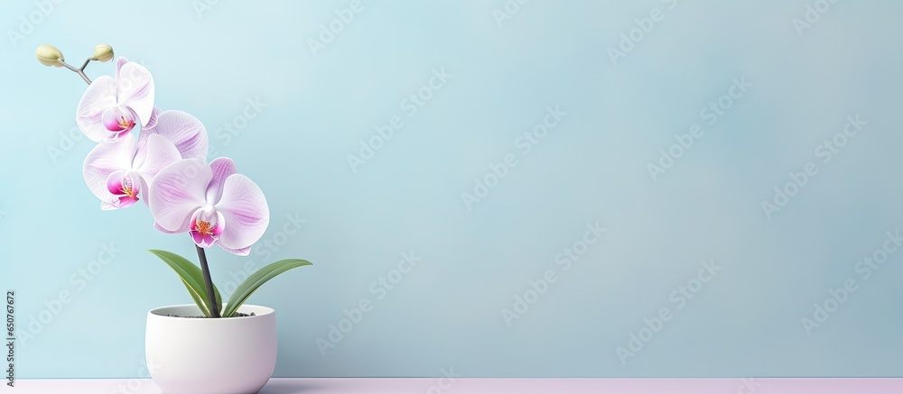 Blooming phalaenopsis orchid in black pot isolated on a isolated pastel background Copy space - obrazy, fototapety, plakaty 