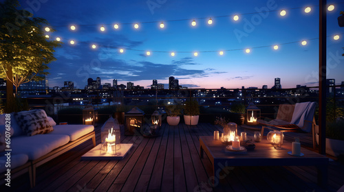 Roof terrace of a beautiful house with night-time view of the city  View over cozy outdoor terrace with outdoor string lights and lanterns.