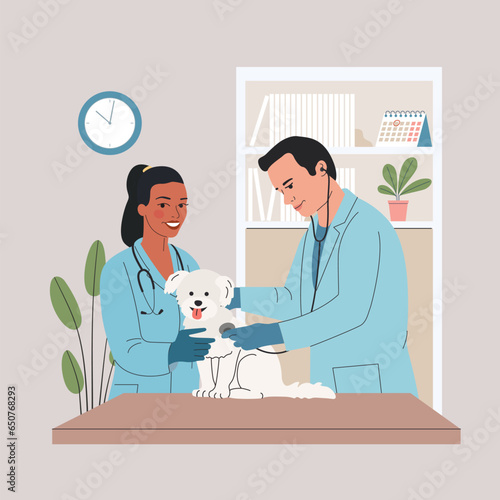 Veterinarians with a dog in the veterinary office. Specialist with a stethoscope listens to the heartbeat of a dog. Vector flat cartoon illustration
