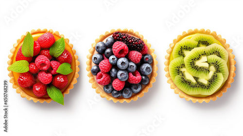 Set of Fresh fruit tart, arrange from above, Isolated on white background.