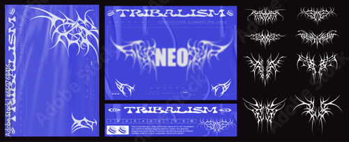 Modern poster Neo tribal geometric patterns.  Gothic Cyber sigilism shape with sharp bones and spikes. Gothic elements for design, print for t-shirt, hoodie and sweatshirt or card, poster. Vector