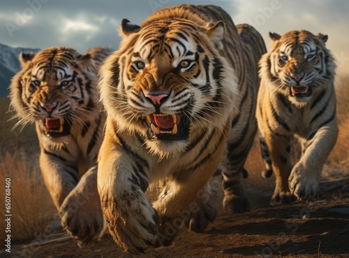 A group of tigers with fangs