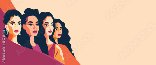 Vector flat horizontal banner for International Women's Day, women of different cultures and nationalities. Vector concept of movement for gender equality and women's empowerment