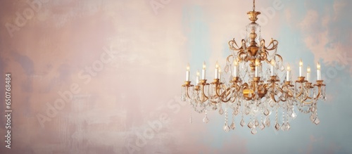 Luxurious chandelier suspended from high ceiling isolated pastel background Copy space © Ilgun