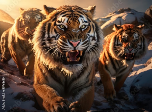 A group of tigers with fangs