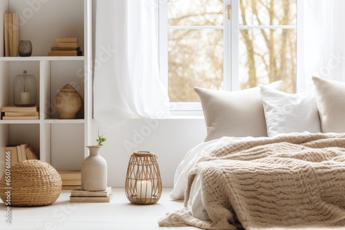 Minimal Modern Light Bedroom Interior with Rattan Storage, Styled Shelf with Objects and Books, and Cozy Blanket in Fall
