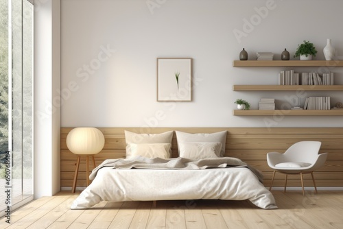Apartment Bedroom Interior with Wood Accents and Hardwood Flooring, Thick Floating Shelves with Minimal Décor and Books, Paper Floor Lamp Against Wall