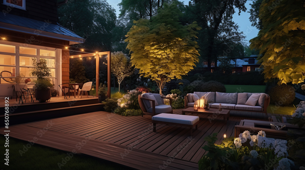 Summer evening on the patio of beautiful suburban house with lights in the garden. - obrazy, fototapety, plakaty 