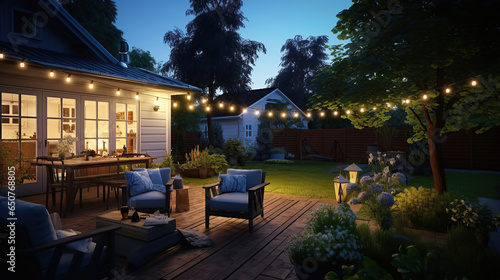 Summer evening on the patio of beautiful suburban house with lights in the garden. © Santy Hong