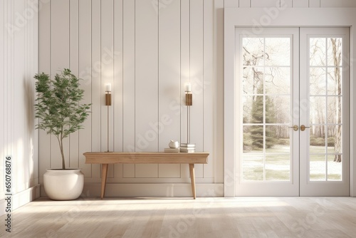 Minimal Farmhouse Modern Entryway Interior with Light Sconces, Wood Console Table, White Farmhouse Doors to Backyard