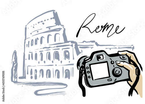 Girls hands holding camera in Rome vector. Coliseum in Italy.