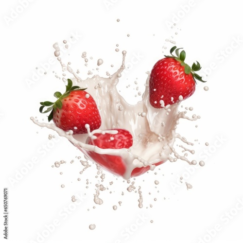 Strawberry with milk splash isolated on white background. 3d illustration