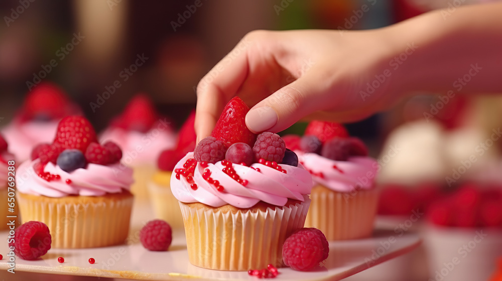 Women's hands of a confectioner, decorating cupcakes with raspberries. Pastry chef decorates the muffins with fresh berries.