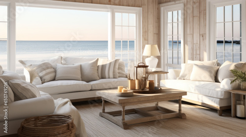 Coastal Luxe: A blend of coastal and luxury styles with a white sofa, a glass coffee table, and touches of gold and crystal for an upscale beach house feel © Textures & Patterns