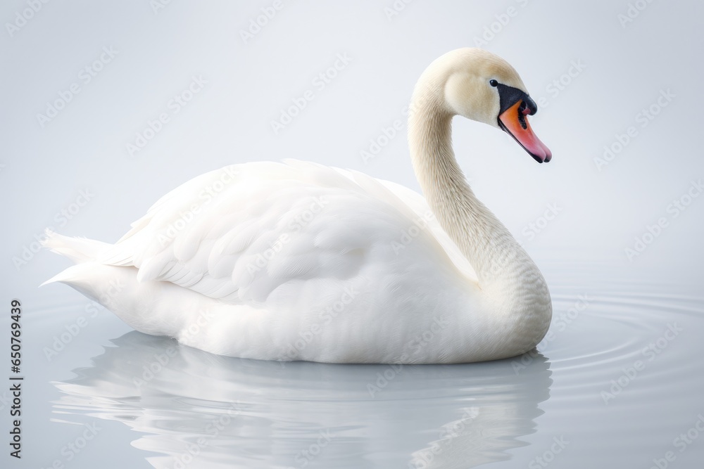Beautiful white swan swimming on water in thick fog Beautiful white swan swimming on water in thick fog