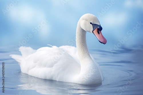 Beautiful white swan swimming on water in river or lake  summer day