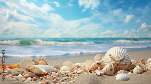 Sea shells on the beach and sunny weather and a blue sky. White and soft beach sand.