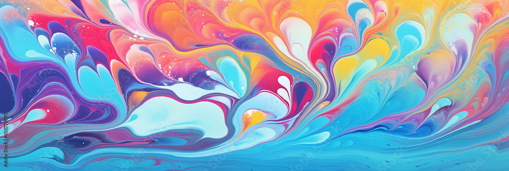 Abstract marbled acrylic paint ink painted waves painting texture colorful background banner, Bold colors, rainbow color wave