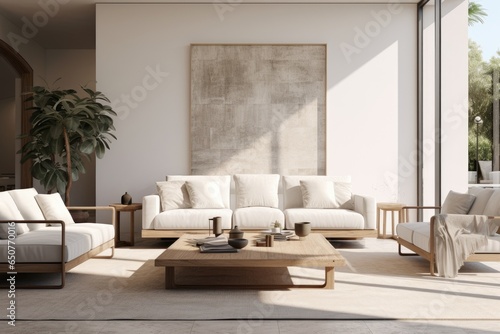Earth Neutral Modern Living Room Interior with Textured Wall Art and White Linen Sofa and Loveseat with Sustainable Coffee Table