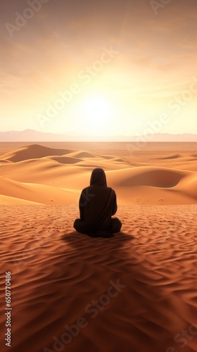 A lone figure sitting in the vastness of the desert