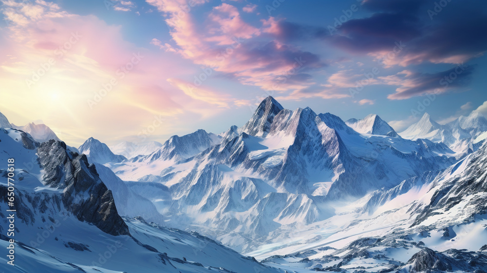 A beautiful view of a big snowy mountain range with a sunrise sky.