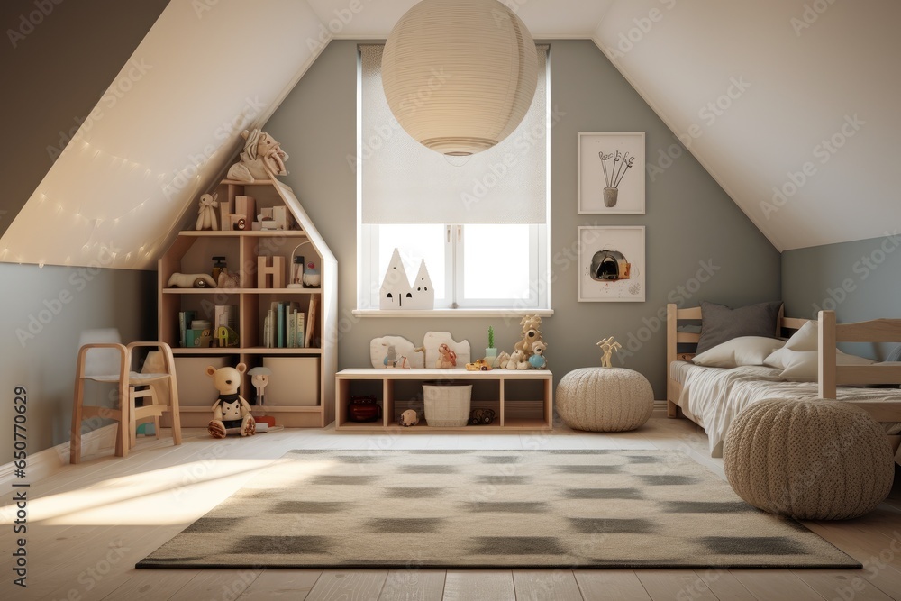 Warm Boys Bedroom Interior with Grey Wall and Checkered Area Rug. Dollhouse Wood Shelf Styled with Toys and Wood Bed Frame and Comfy Bedding